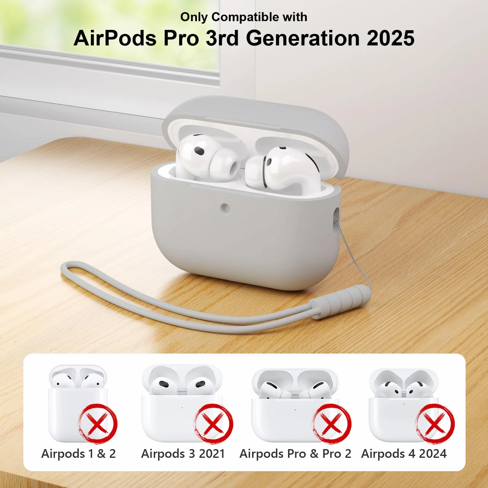 Etui kompatybilne z AirPods Pro 3, odporne na wstrząsy, odporne na upadki, odporne na zarysowania, silikonowe etui do AirPods Pro 3. generacji, z zestawem do czyszczenia i smyczą, szare