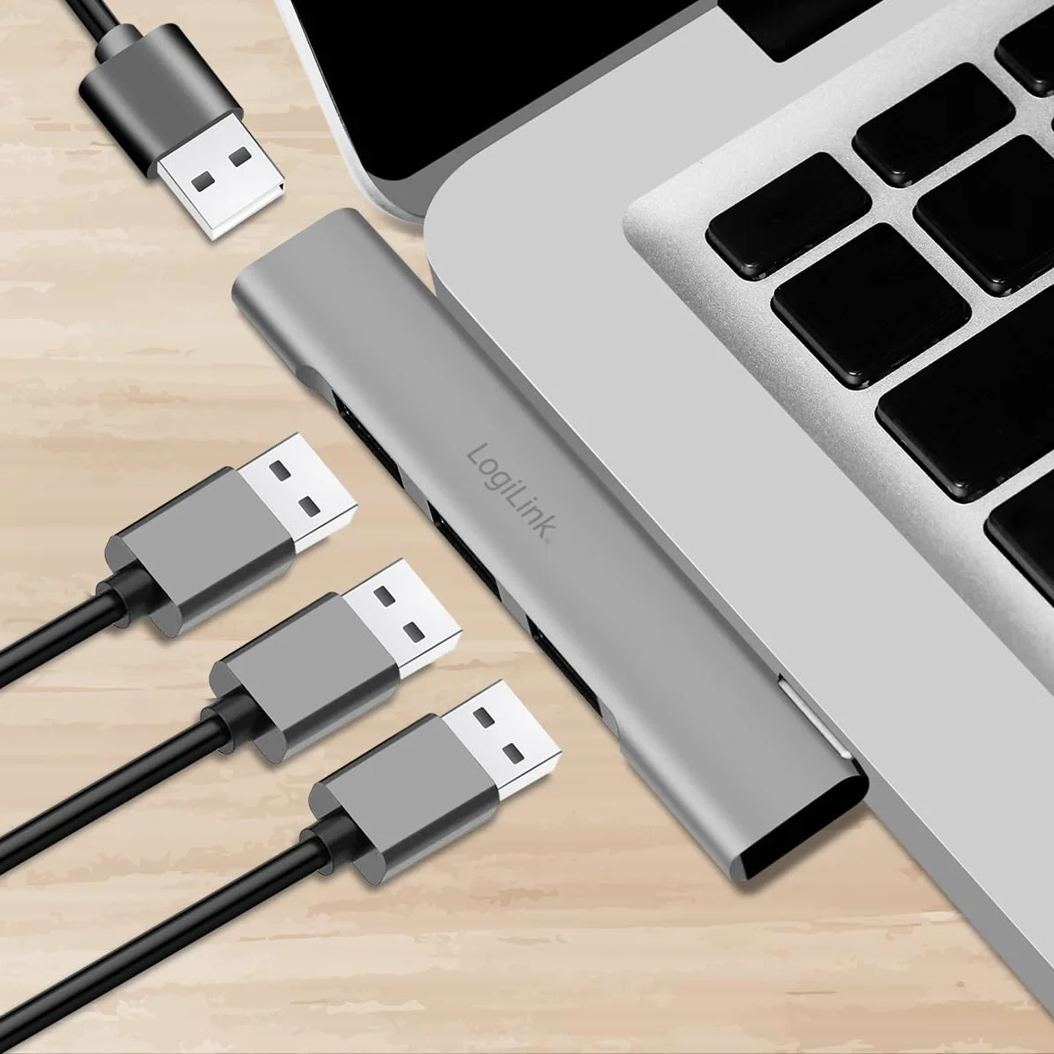 LogiLink UA0437 - ultracienki 4-portowy hub USB (złącze USB-C) z aluminium o mocy do 18 W, porty: 1 x USB 3.0 Typ-A, 3 x USB 2.0 Typ-A