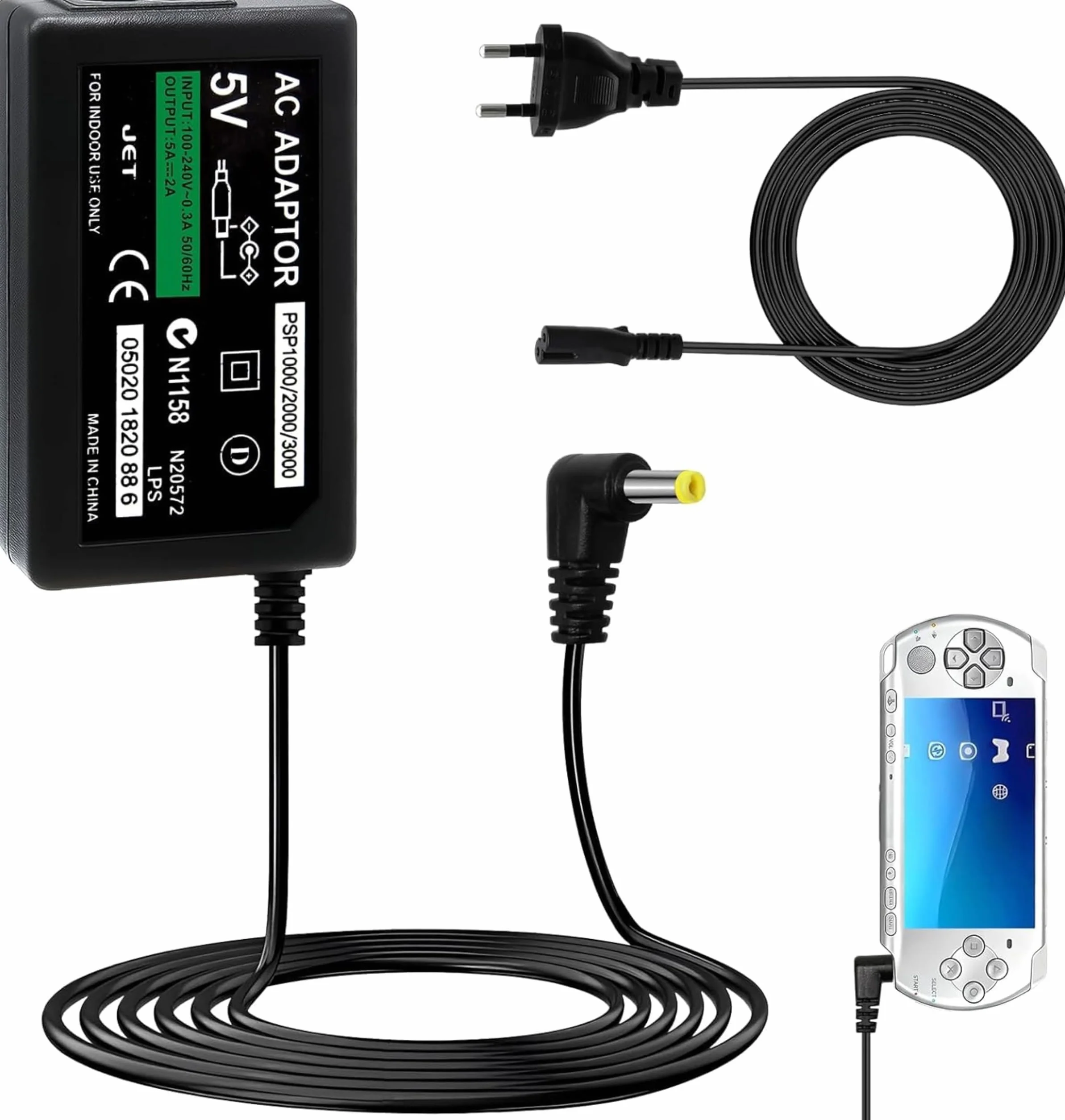 1X Ładowarka kompatybilna z wtyczką EU PSP, wejście AC 100-240 V, wyjście DC 5 V 1 A, kompatybilna z zasilaczami do przenośnych konsol PSP 1000/2000/3000