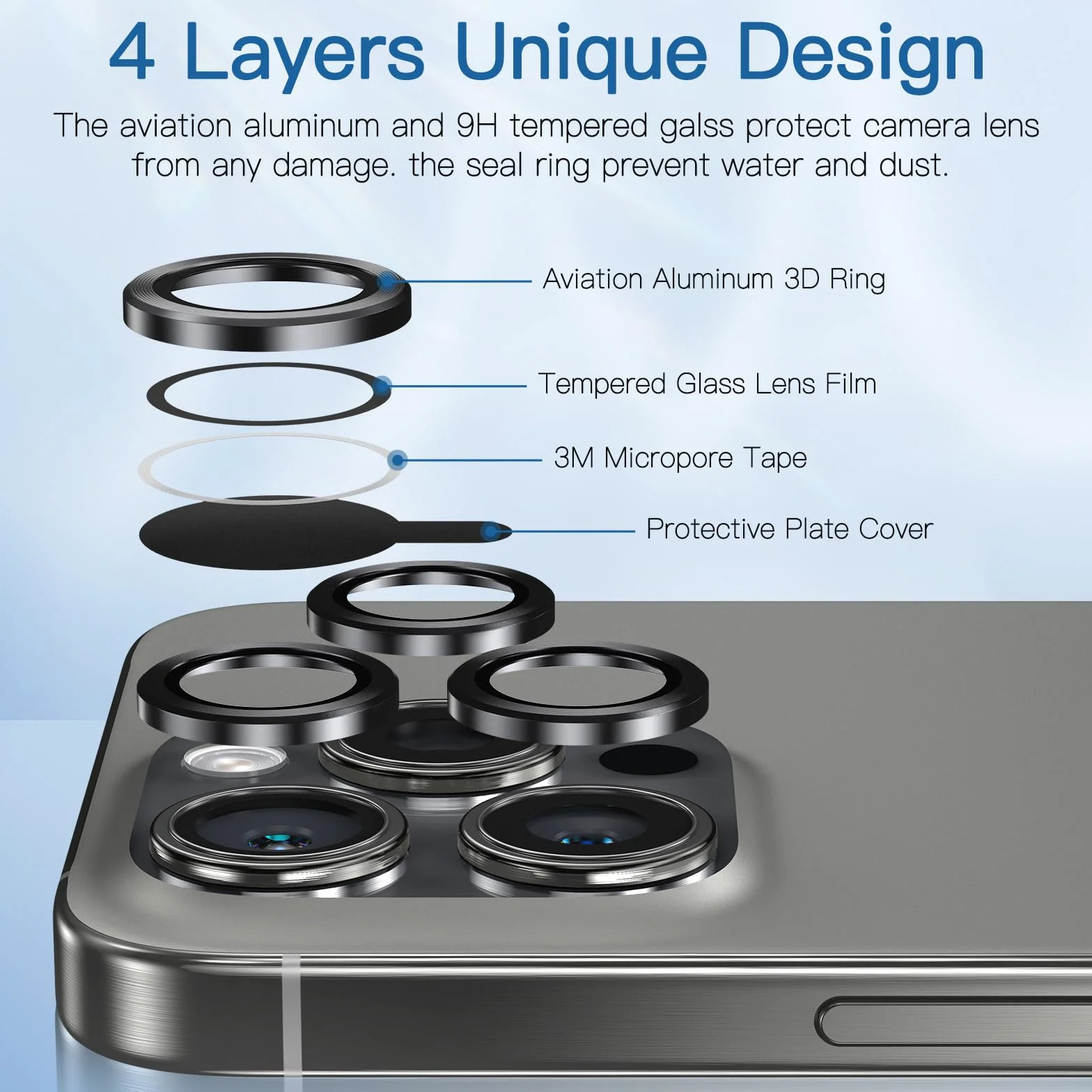 Ochrona obiektywu aparatu iPhone 15 Pro/15 Pro Max, aluminiowy pierścień 3D, szkło hartowane 9H, ochrona 360 stopni, czystość HD (czarna)
