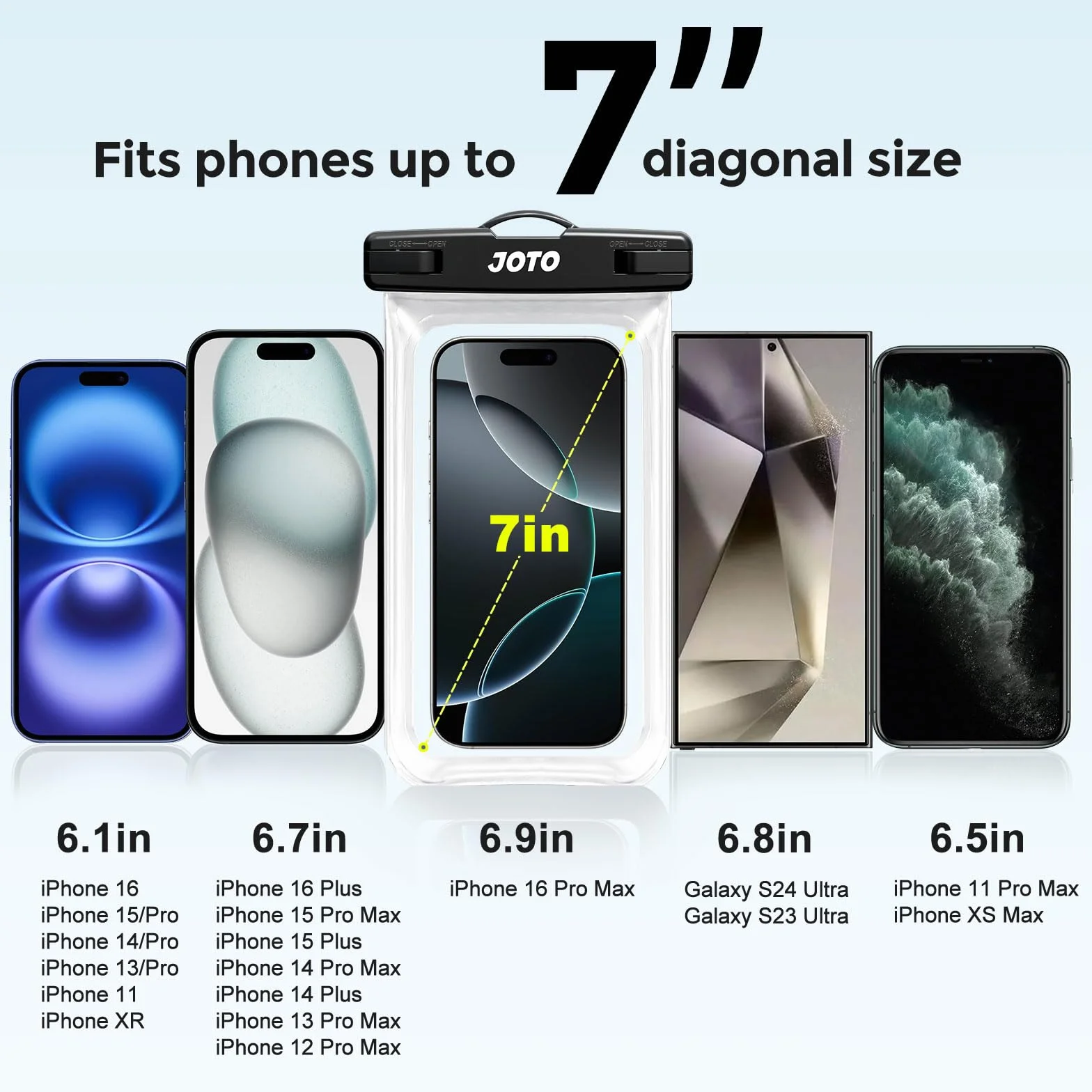 JOTO Uniwersalny wodoodporny pokrowiec pokrowiec pokrowiec pokrowiec na telefon komórkowy sucha torba etui na iPhone 11 Pro Max Xs Max XR X 8 7 6S Plus, Galaxy S20 Ultra S20+ S10 Plus S10e S9 Plus S8/Note 10+ 10 9 8, piksele 4 XL 3a do 6,9" - przezroczyst