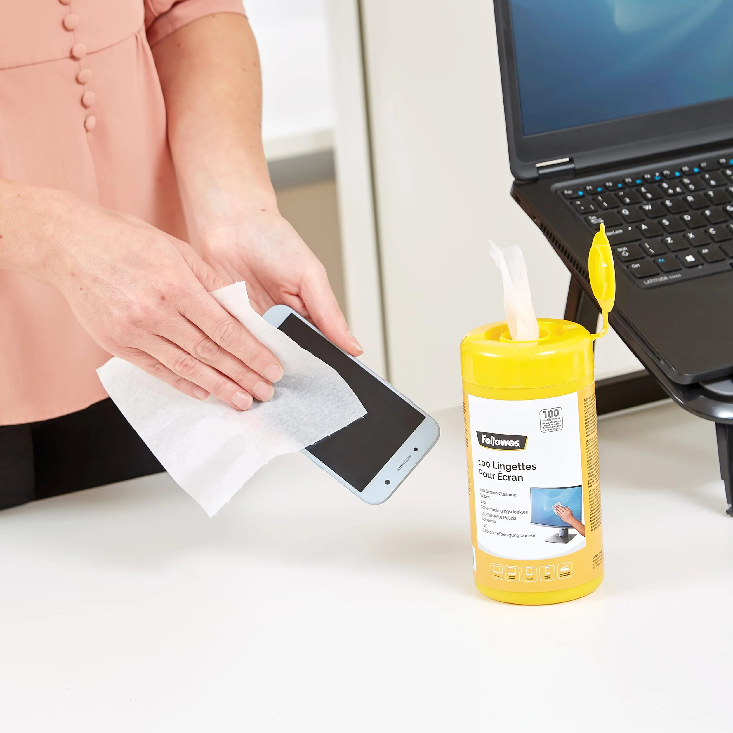 Fellowes 100 chusteczek do ekranu i klawiatury do domu i biura - Monitor/laptop/iPad/telefon komórkowy/tablet chusteczki czyszczące pojedyncze opakowanie Multi