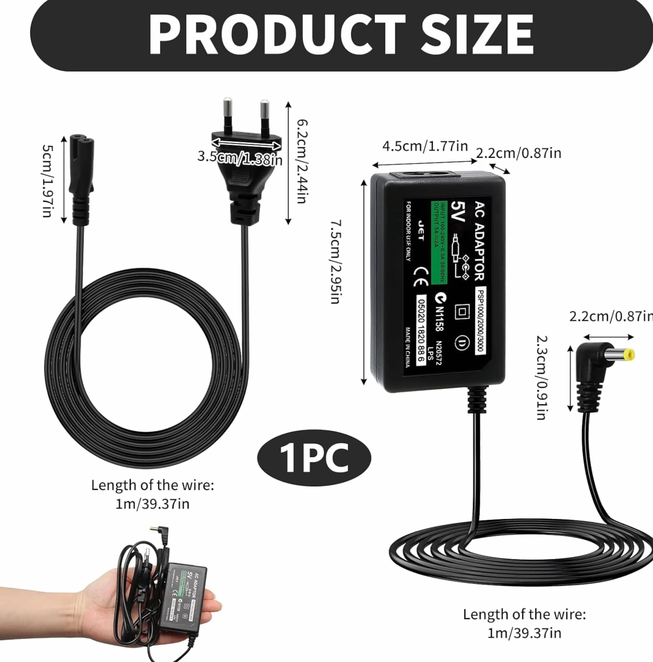 1X Ładowarka kompatybilna z wtyczką EU PSP, wejście AC 100-240 V, wyjście DC 5 V 1 A, kompatybilna z zasilaczami do przenośnych konsol PSP 1000/2000/3000