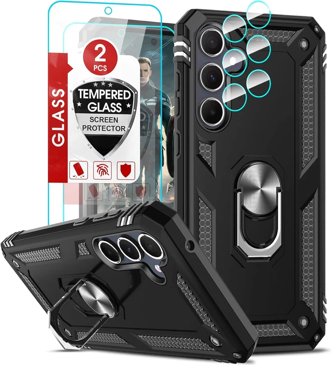 LeYi Etui do Samsung A35 5G Etui z 2 x folia ze szkła hartowanego 2 x ochrona aparatu, pierścień wojskowy 360° uchwyt TPU odporny na wstrząsy zderzak do telefonu Galaxy A 35, czarny