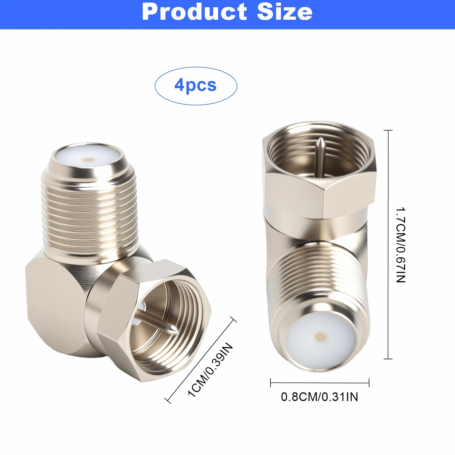 Wtyczka kątowa F 90 stopni, wtyczka antenowa do kabla satelitarnego, pozłacany adapter złącza F, 4 sztuki