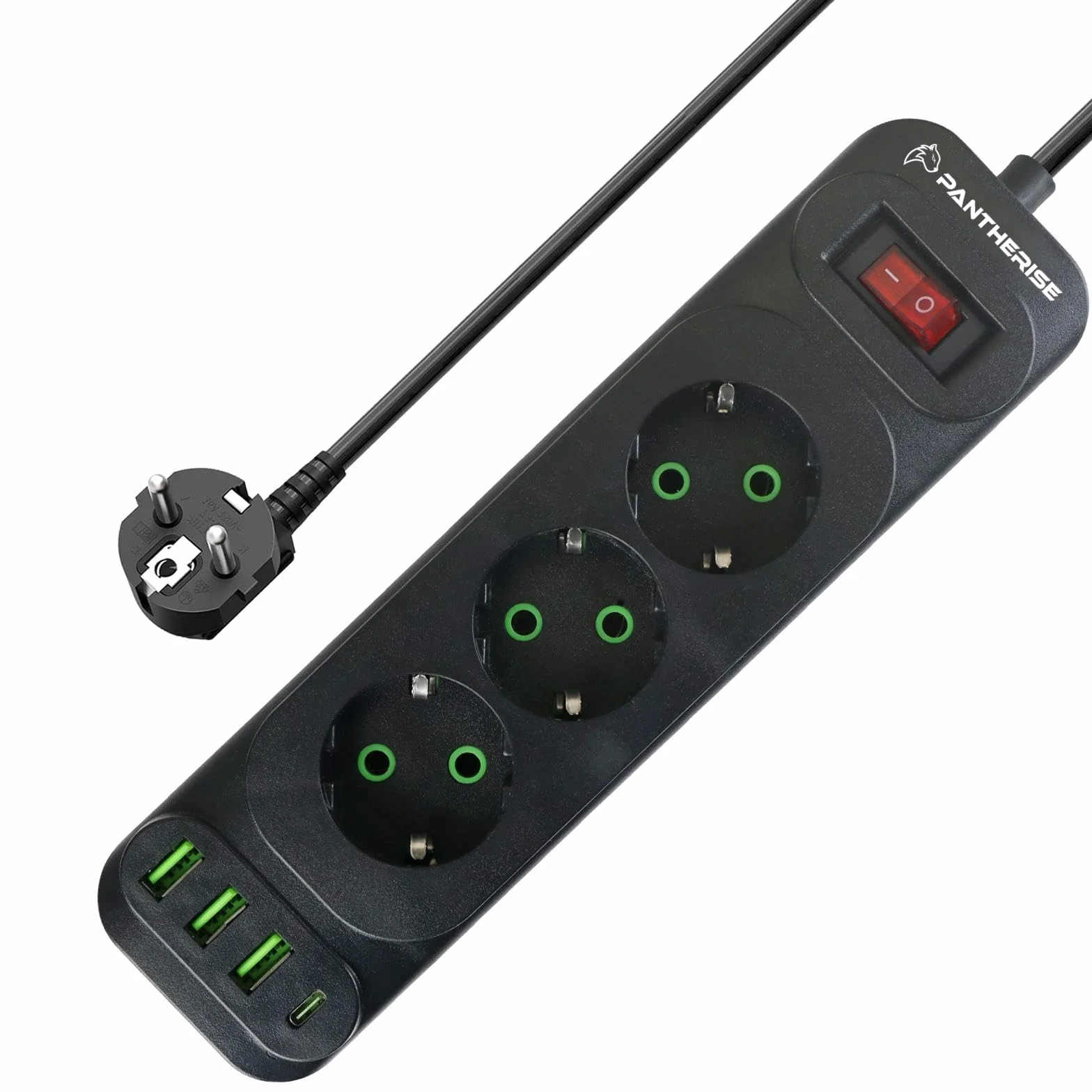 Listwa zasilająca Pantherise 5m – 3x USB-A, 1x USB-C, gniazda z uziemieniem, wyłącznik z podświetleniem, przedłużacz 2500W (3 gniazda)