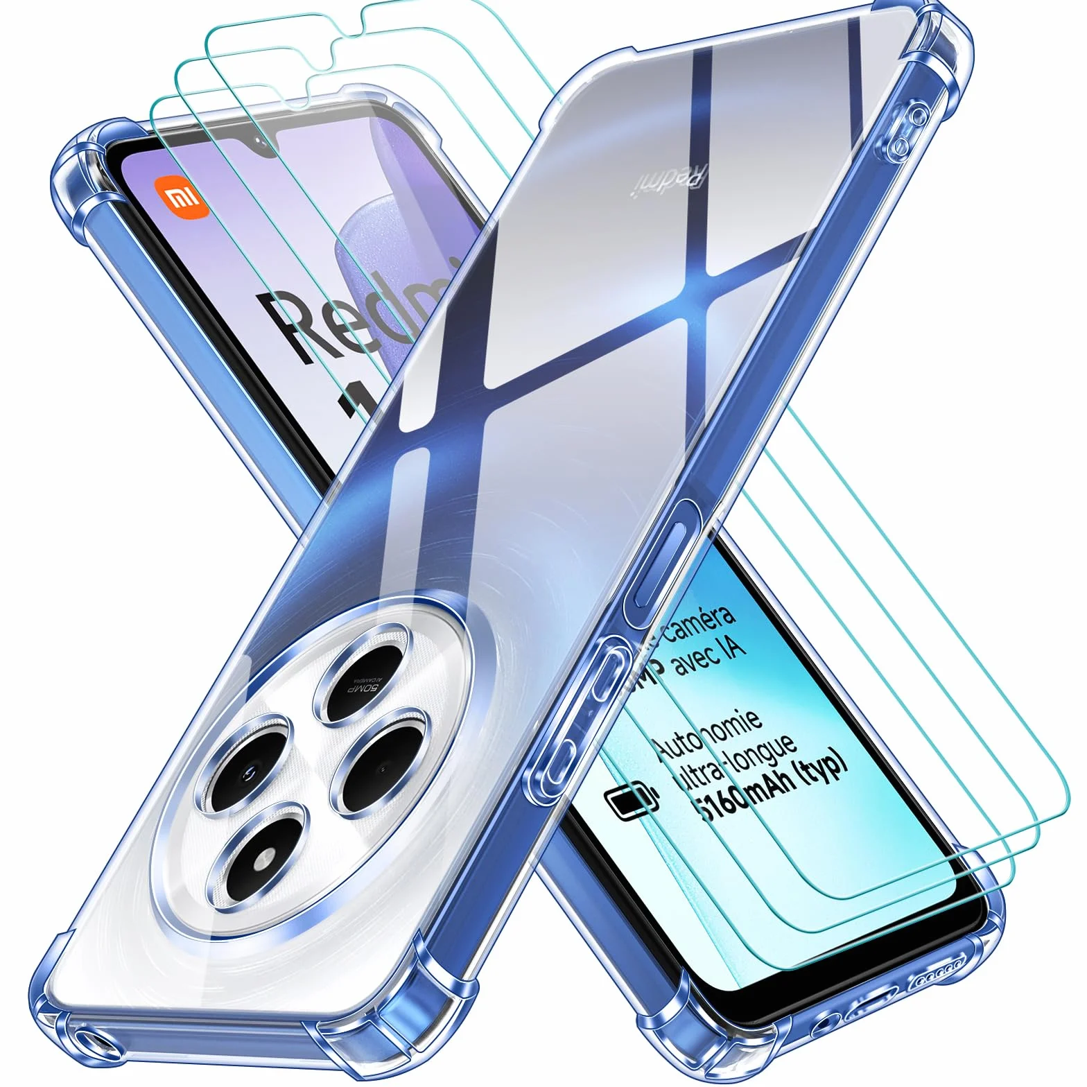 iVoler Etui 4 w 1 do Xiaomi Redmi 14C 4G Poco C75 z 3 szkłami hartowanymi przezroczysta odporna na wstrząsy obudowa silikonowa TPU