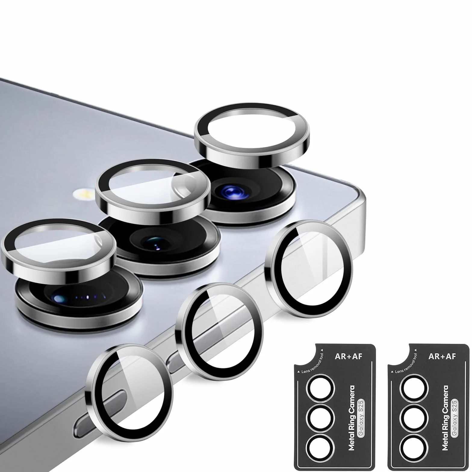OFFCUP Ochraniacz obiektywu aparatu do Samsung Galaxy S25, 2 zestawy pojedynczych ochraniaczy obiektywu, odporne na zarysowania, ultracienkie szkło hartowane 9H, łatwa instalacja, kolor srebrny