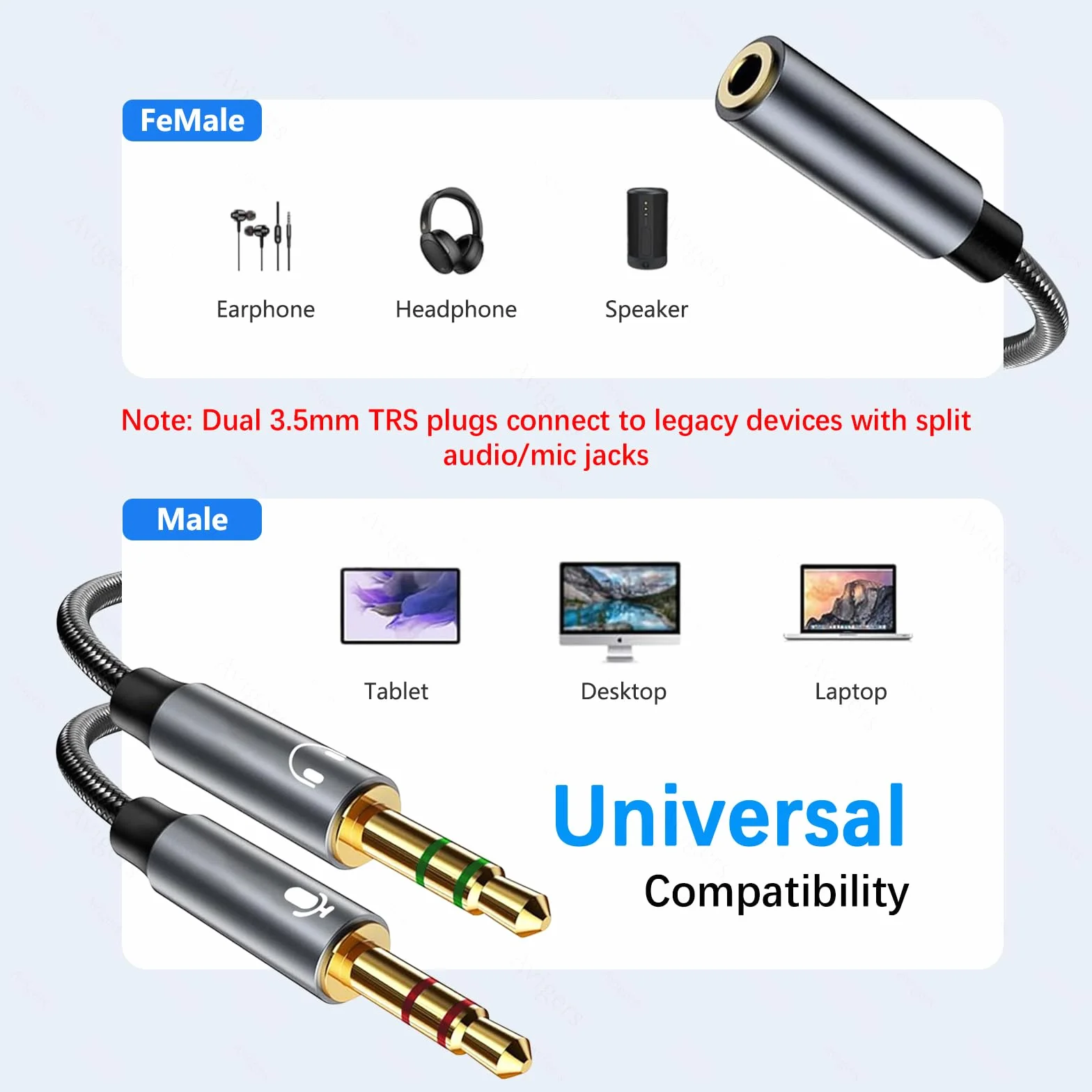 Adapter audio, rozdzielacz, wtyczka jack 3,5mm słuchawki, mikrofon, rozdzielacz audio gniazdo na 2 podwójne wtyczki 3,5mm, kabel Aux do zestawu słuchawkowego