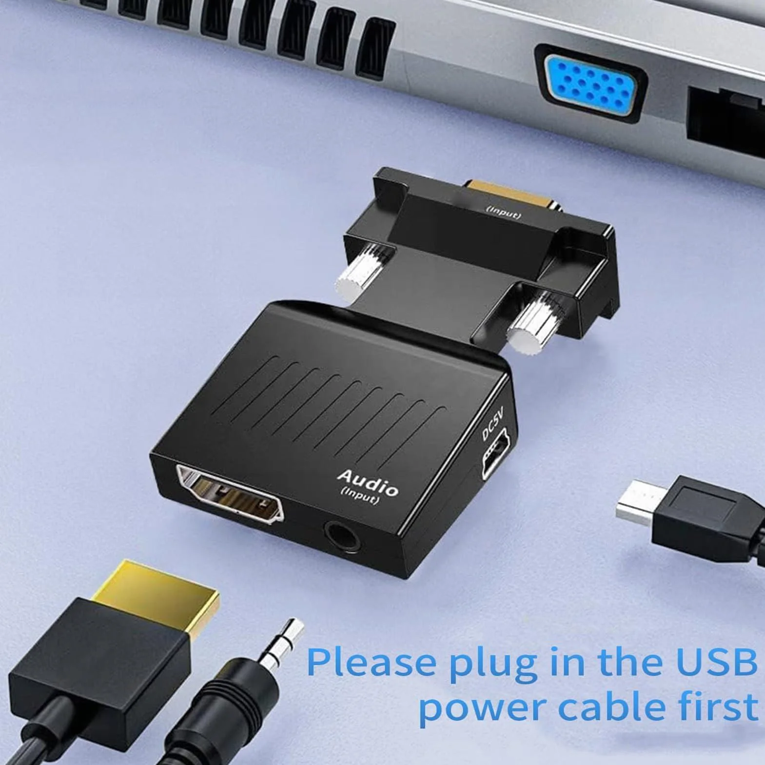 Adapter VGA na HDMI, Konwerter Interfejsu Multimedialnego VGA na HD z Portem Audio 3,5 Mm, Aktywny Męski Konwerter VGA na żeńskie HDMI 1080P, Obsługuje synchronizację Dźwięku i