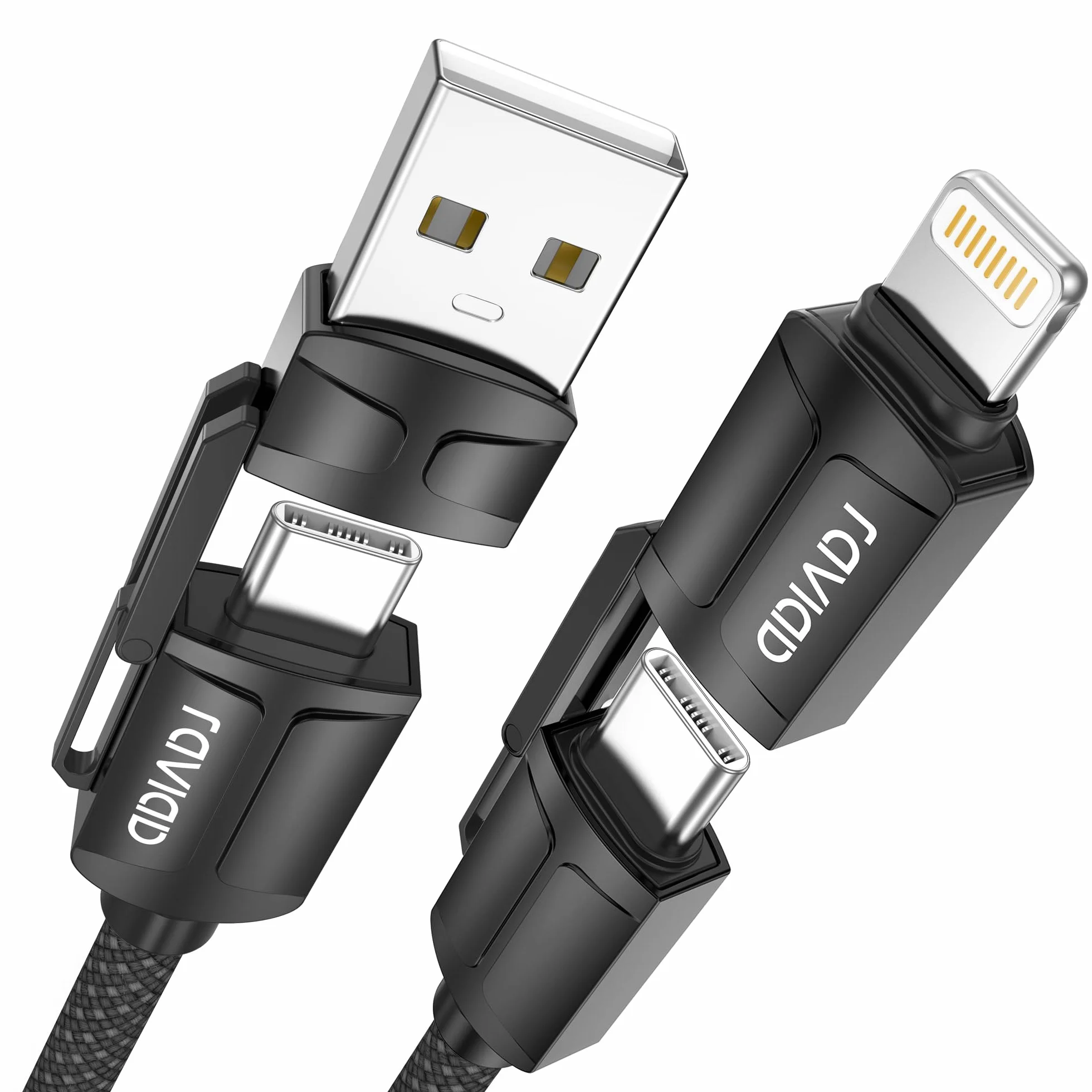 RAVIAD Multi kabel USB, uniwersalny kabel do ładowania [2 M], nylonowy, szybki kabel do ładowania 4 w 1, 60 W, PD z USB C/USB A na Lightning, USBC/USB A na USBC do iPhone 16/15, Samsung Galaxy, Huawei