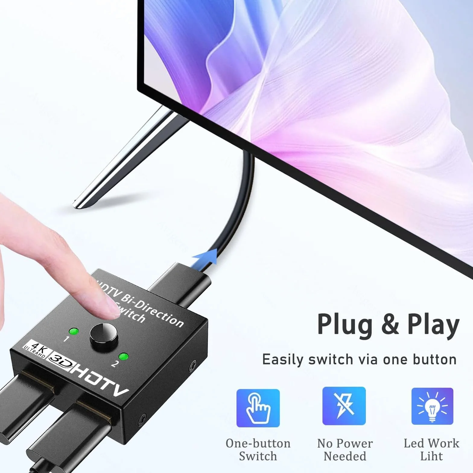 Avigers Przełącznik HDMI 2 w 1, 4K 60 Hz, HDMI Splitter 2 w 1 Out (tylko 1 monitor) przełącznik 2-HDMI port obsługuje HDR, 1080p/3D do laptopów, PC, pamięci TV, serii Xbox, PS5/4, projektora, monitora