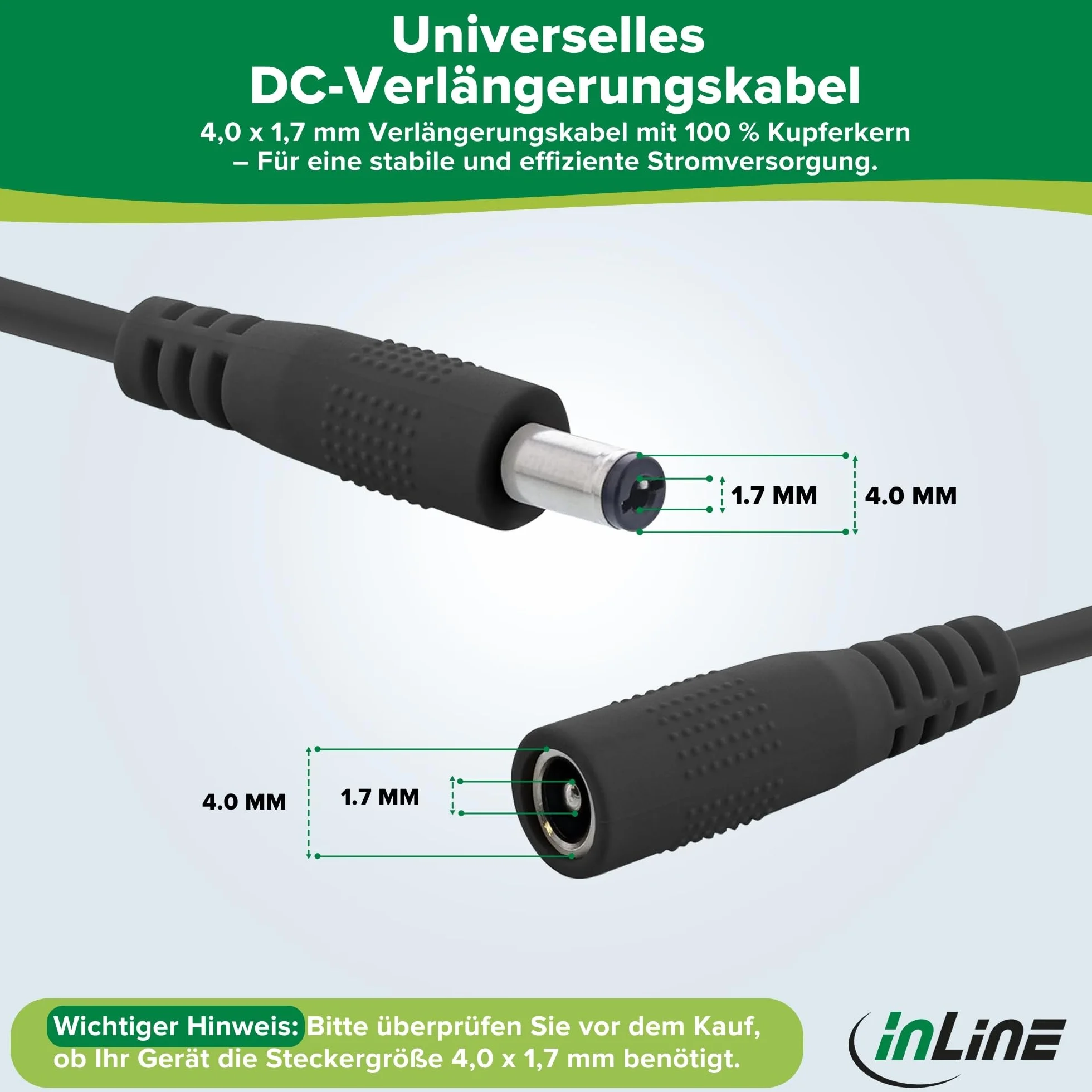 InLine - Przedłużacz DC, uniwersalny zasilacz sieciowy do Amazon Echo Dot, paski LED, kamery monitorujące, wtyczka/gniazdo DC 4,0 x 1,7 mm, czarny, 1 m