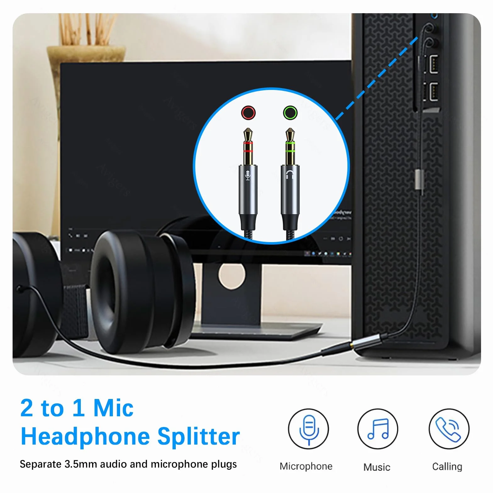 Adapter audio, rozdzielacz, wtyczka jack 3,5mm słuchawki, mikrofon, rozdzielacz audio gniazdo na 2 podwójne wtyczki 3,5mm, kabel Aux do zestawu słuchawkowego
