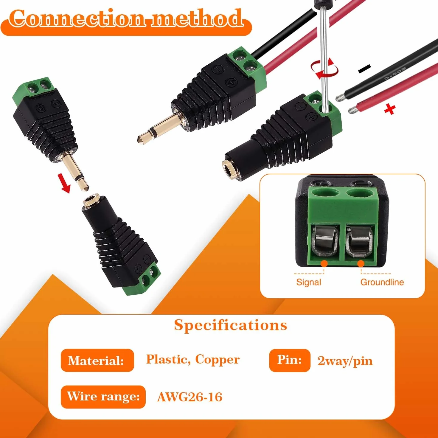 6 Sztuk 3.5mm TS Mono Męski/Żeński to 2-Stykowy Zacisk Śrubowy Adapter Konwertera, Adapter Konwertera AUX Headphone Balun bez lutowania ze Śrubokrętem