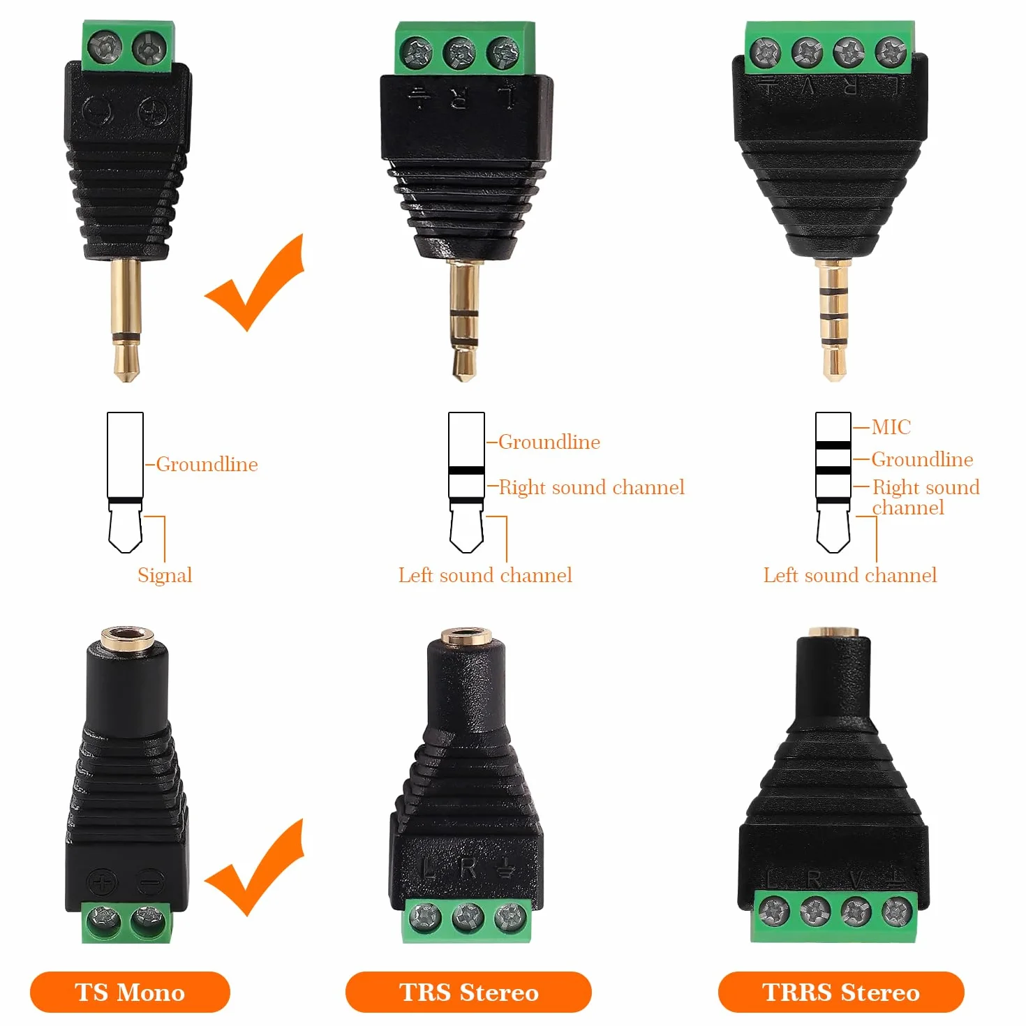 6 Sztuk 3.5mm TS Mono Męski/Żeński to 2-Stykowy Zacisk Śrubowy Adapter Konwertera, Adapter Konwertera AUX Headphone Balun bez lutowania ze Śrubokrętem