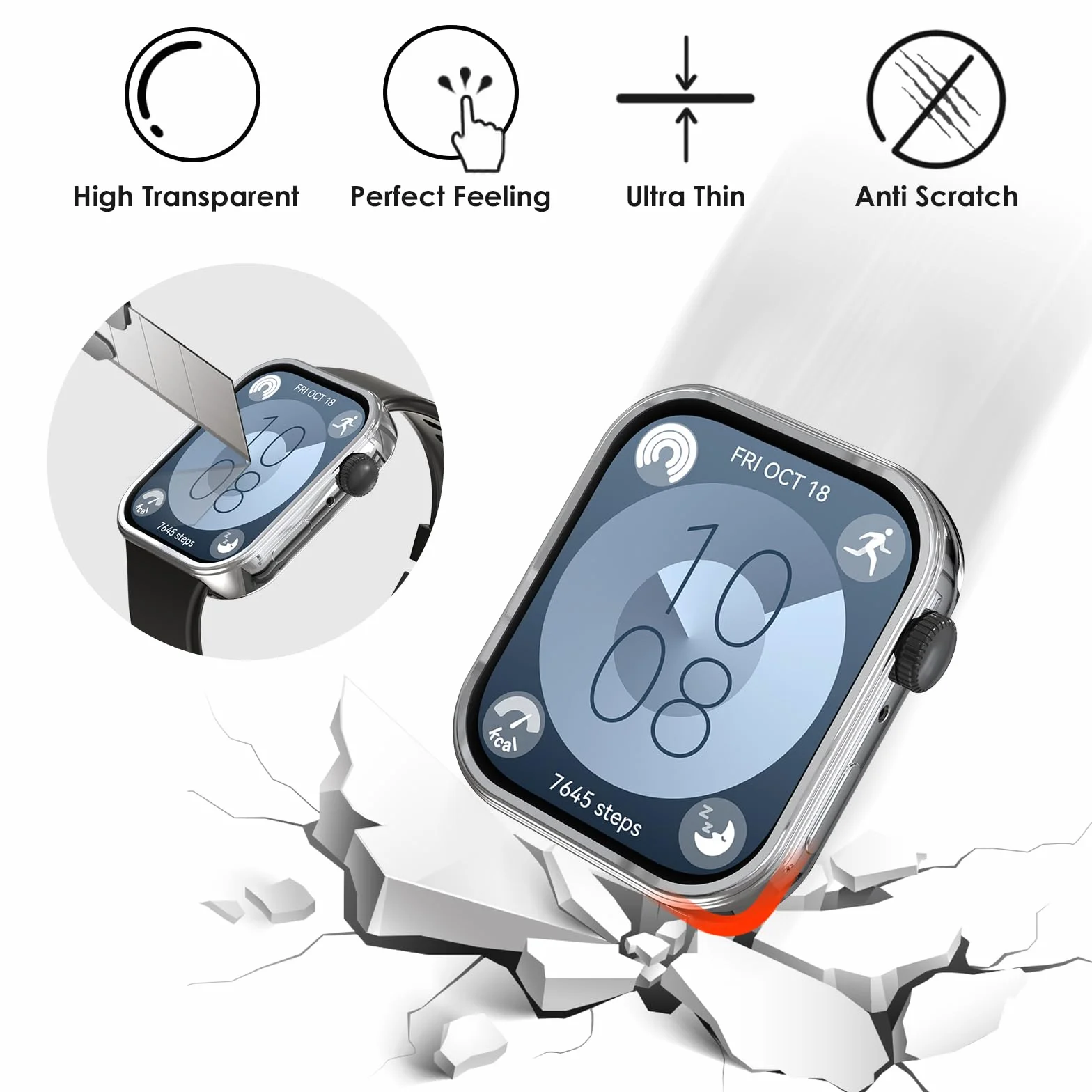 WD&CD Etui kompatybilne z Huawei Watch Fit 3 [2 sztuki], etui ochronne z TPU z folią ochronną na wyświetlacz, kompatybilne z Huawei Watch Fit 3, przezroczyste, czarne, srebrne i różowe