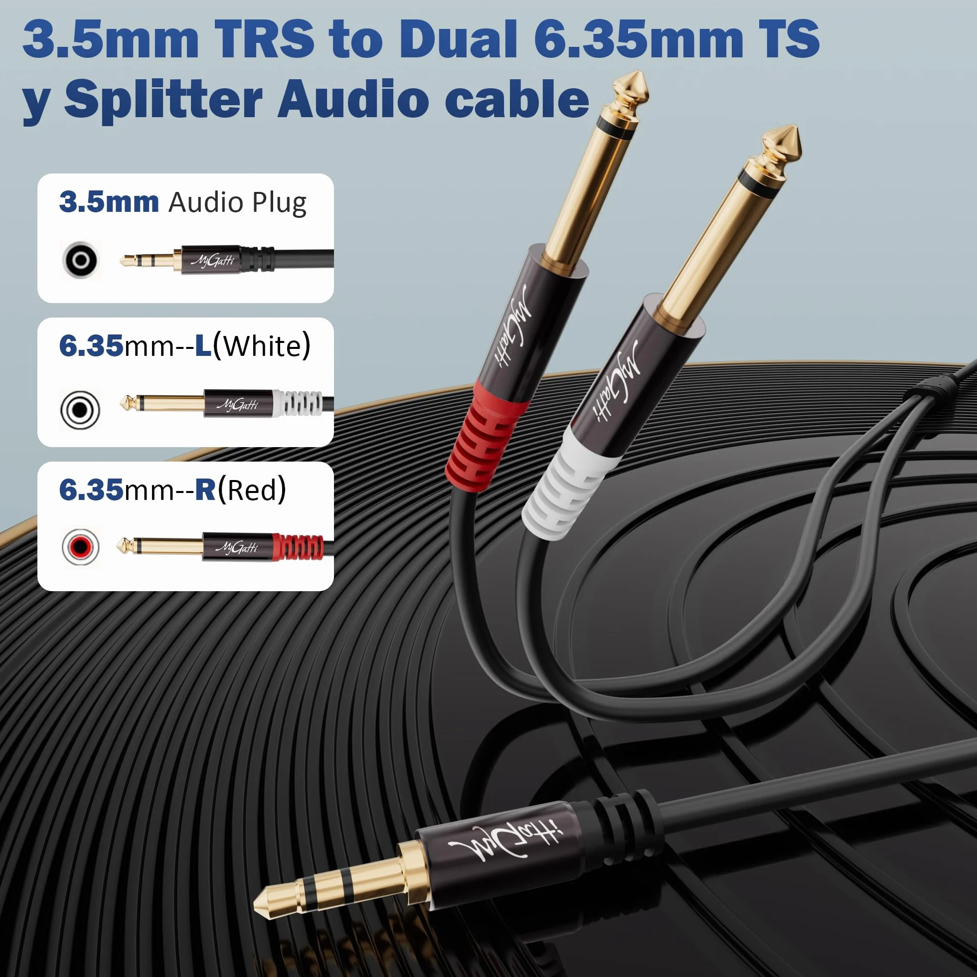 3,5 mm TRS na 2 x 6,35 mm TS Mono Y stereo kabel audio 1 m, wtyczka na wtyczkę, rdzeń OFC, do miksera, nagrywarki, gitary, wzmacniacza, mikrofonu, laptopa, odtwarzacza CD itp. + 5 opasek